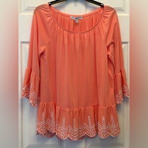 NWT Size M Coral Blouse with Ruffled Sleeves and Eyelet Lace